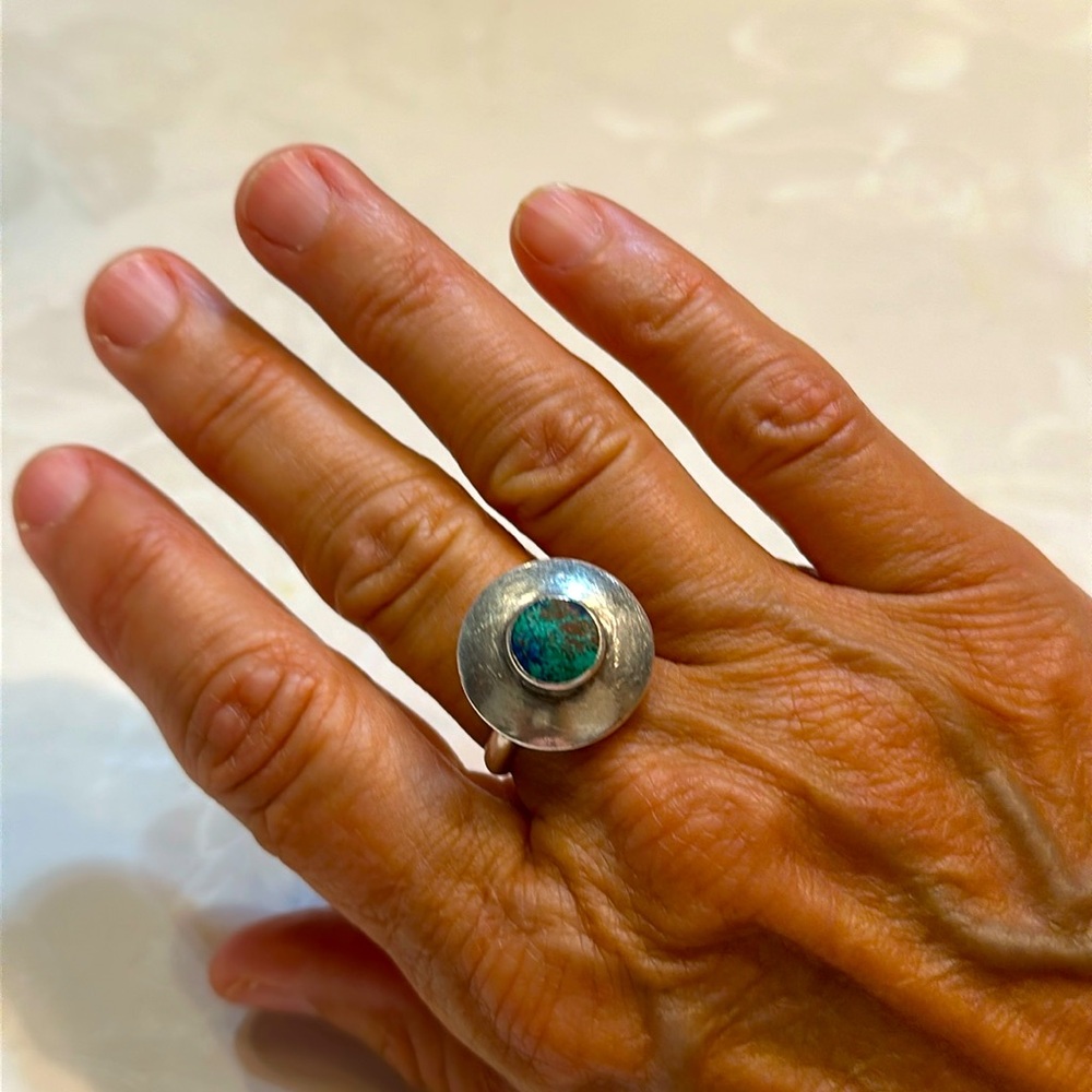 Vintage Real Azurite 925 Sterling Silver Geometric Ring size 7 3/4” STAMPED🔥🔥